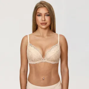 Braexy Plunge Deep V Neckline Underwire Support Beige Lace Bra