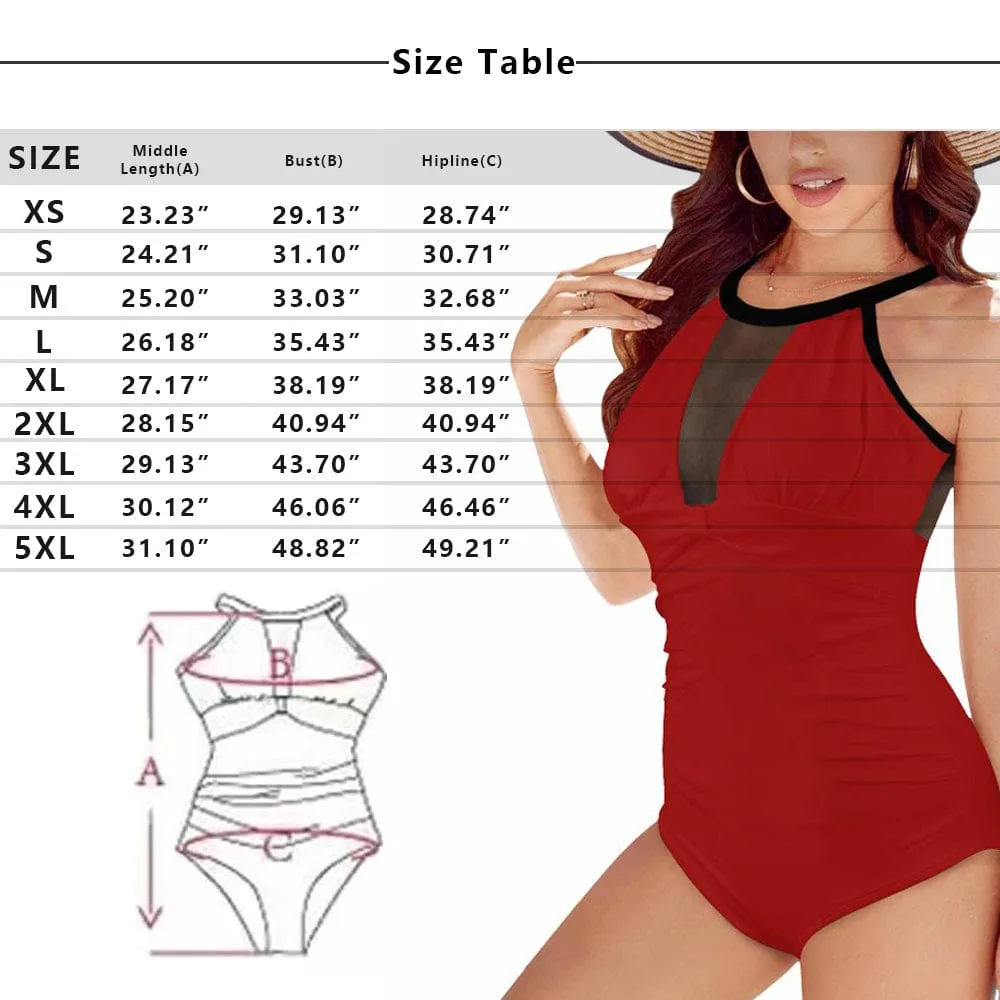 Custom Face USA Flag Women's One Piece Swimsuit High Neck Plunge Mesh Ruched Monokini Swimwear