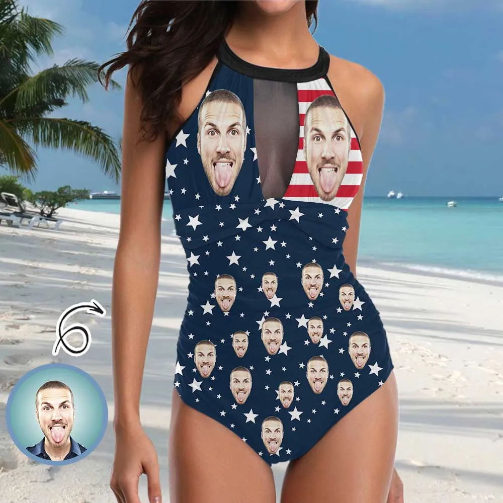 Custom Face USA Flag Women's One Piece Swimsuit High Neck Plunge Mesh Ruched Monokini Swimwear