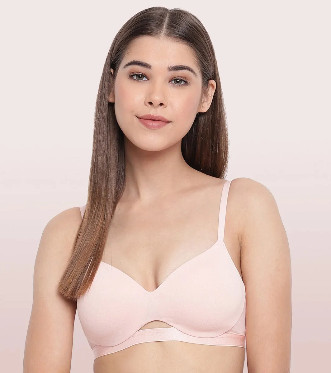 Enamor CloudSoft A032 Invisible Neckline Cotton T-shirt Bra for Women- Medium Coverage, Padded and Wirefree - Cherry Blossom