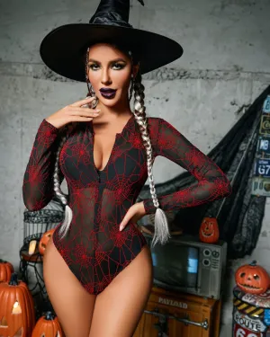 Halloween Mesh Zipper Sheer Bodysuit