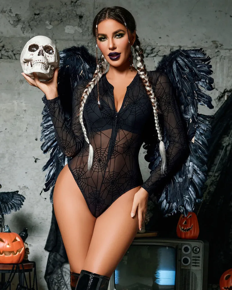 Halloween Mesh Zipper Sheer Bodysuit