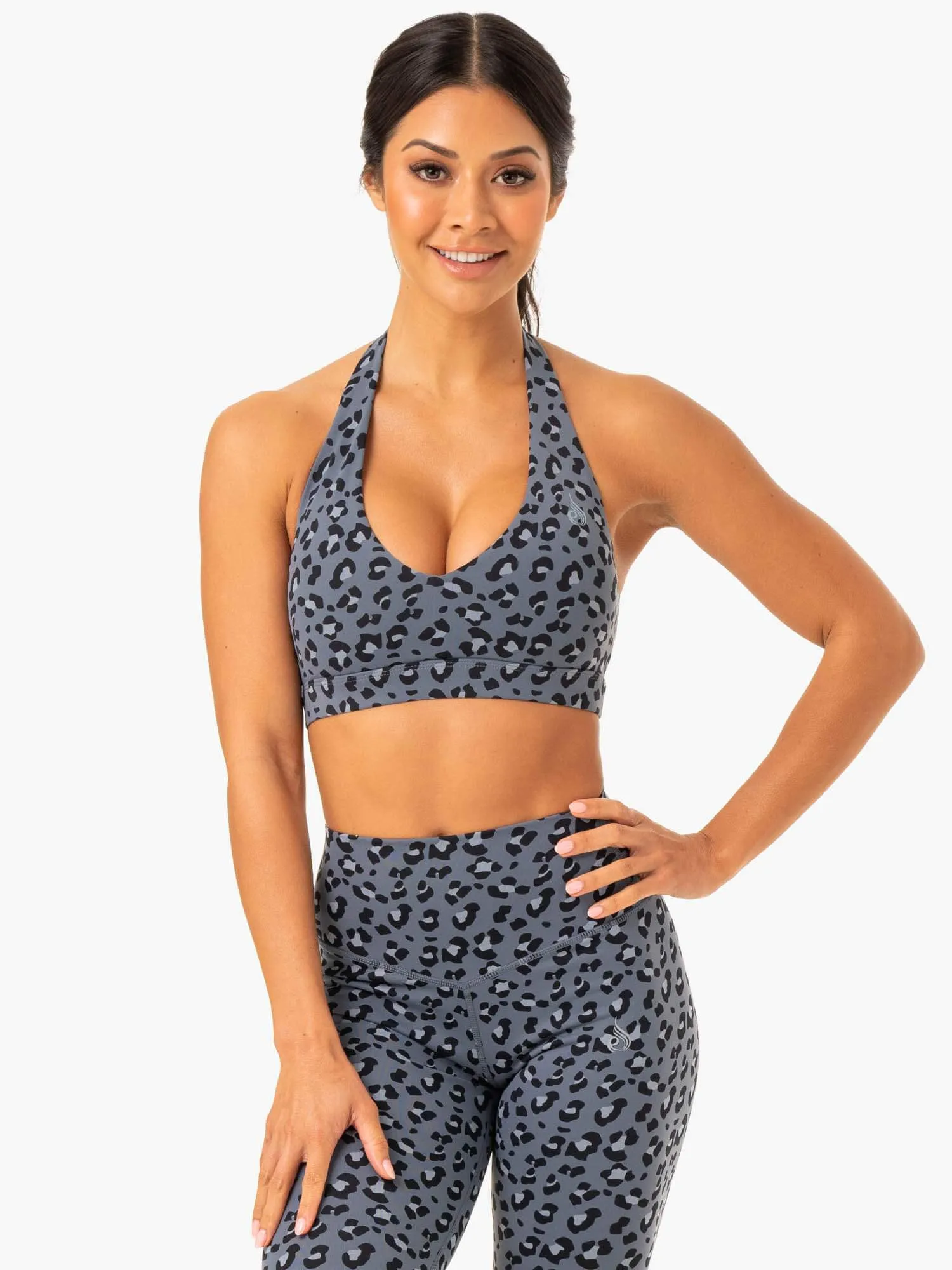 Hybrid Halter Sports Bra - Steel Blue Leopard