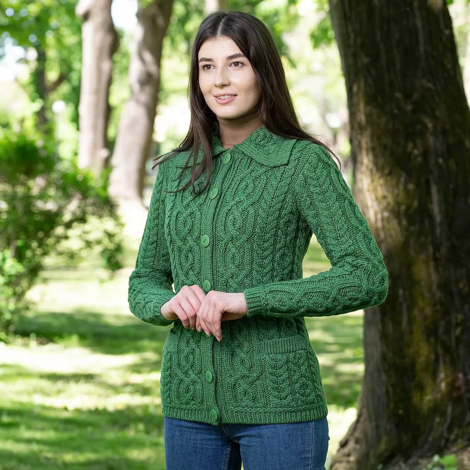 Ladies Button Green Irish Aran Cardigan