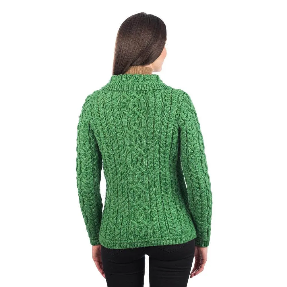 Ladies Button Green Irish Aran Cardigan