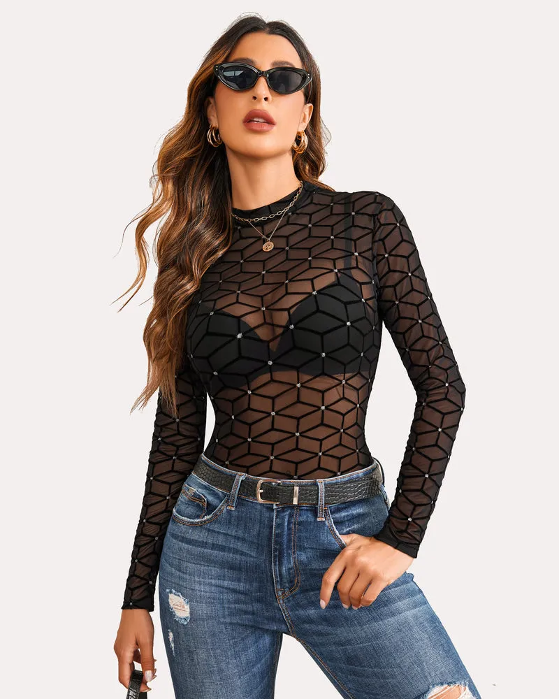 Leopard Sheer Long Sleeve Mock Neck Mesh Crop Top