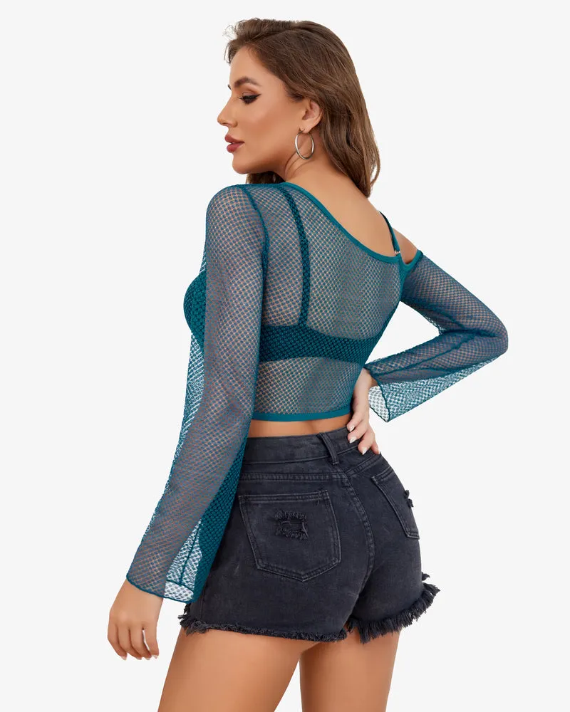 Long Sleeve Fishnet Shirt See Through Tops