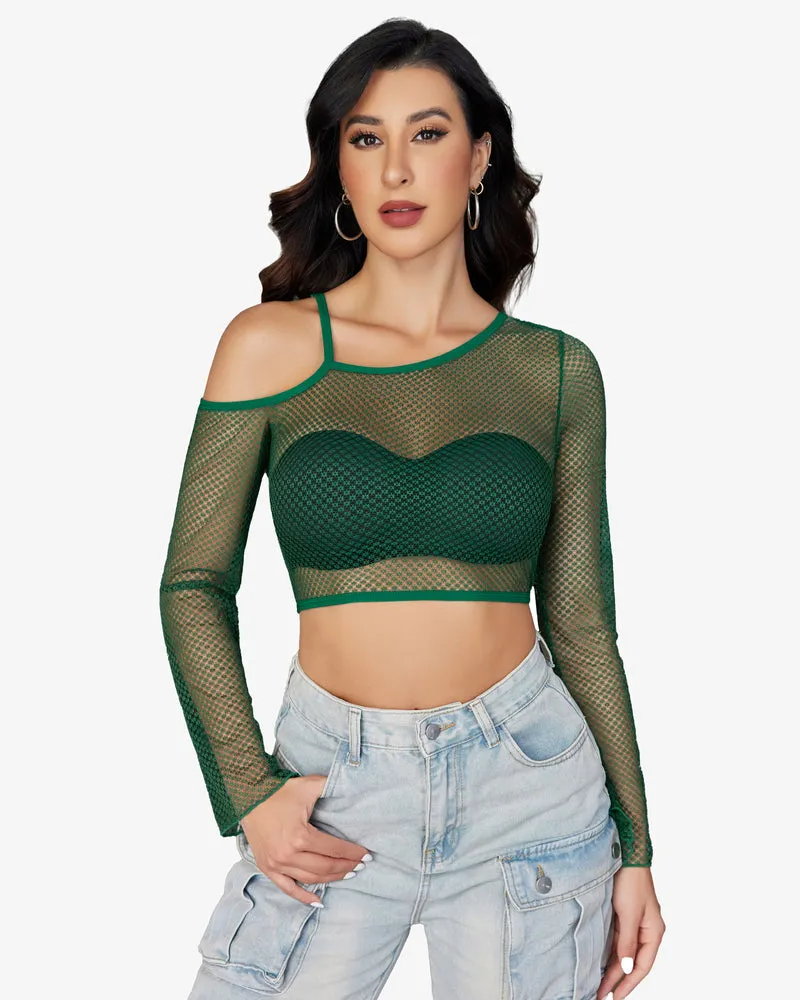 Long Sleeve Fishnet Shirt See Through Tops