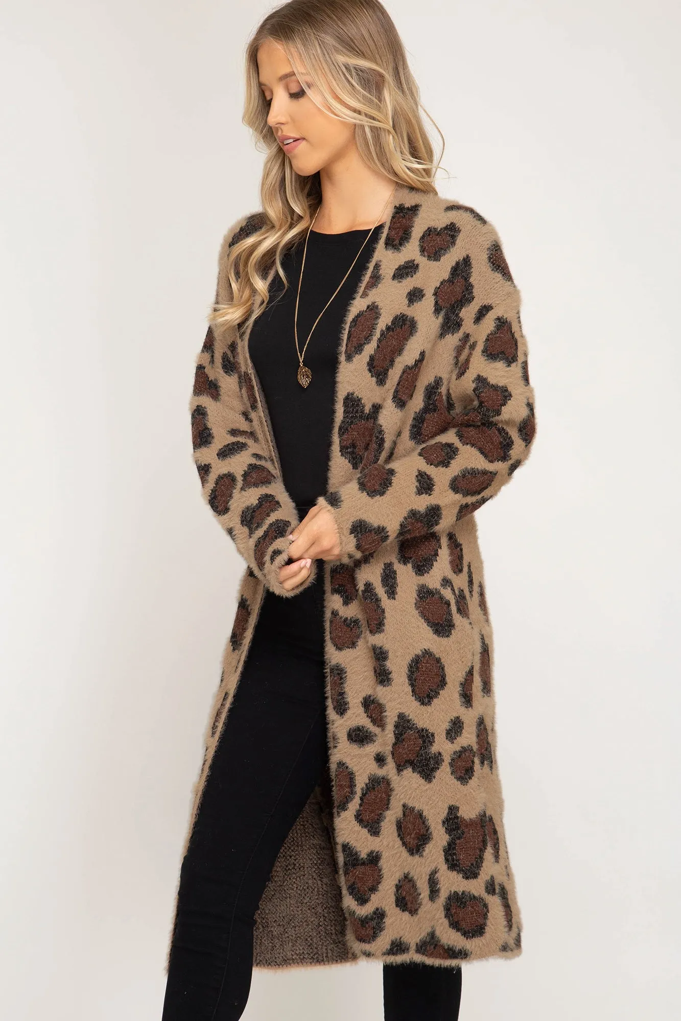 Long sleeve leopard fuzzy front open long cardigan