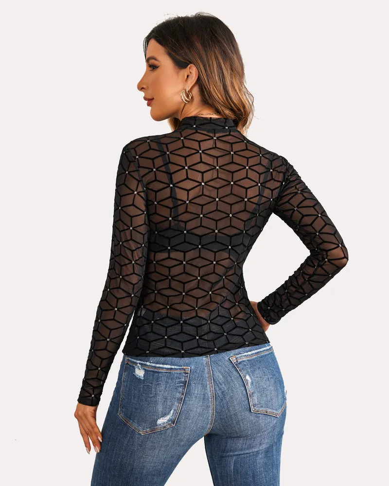 Long Sleeve Mock Neck Mesh Crop Top