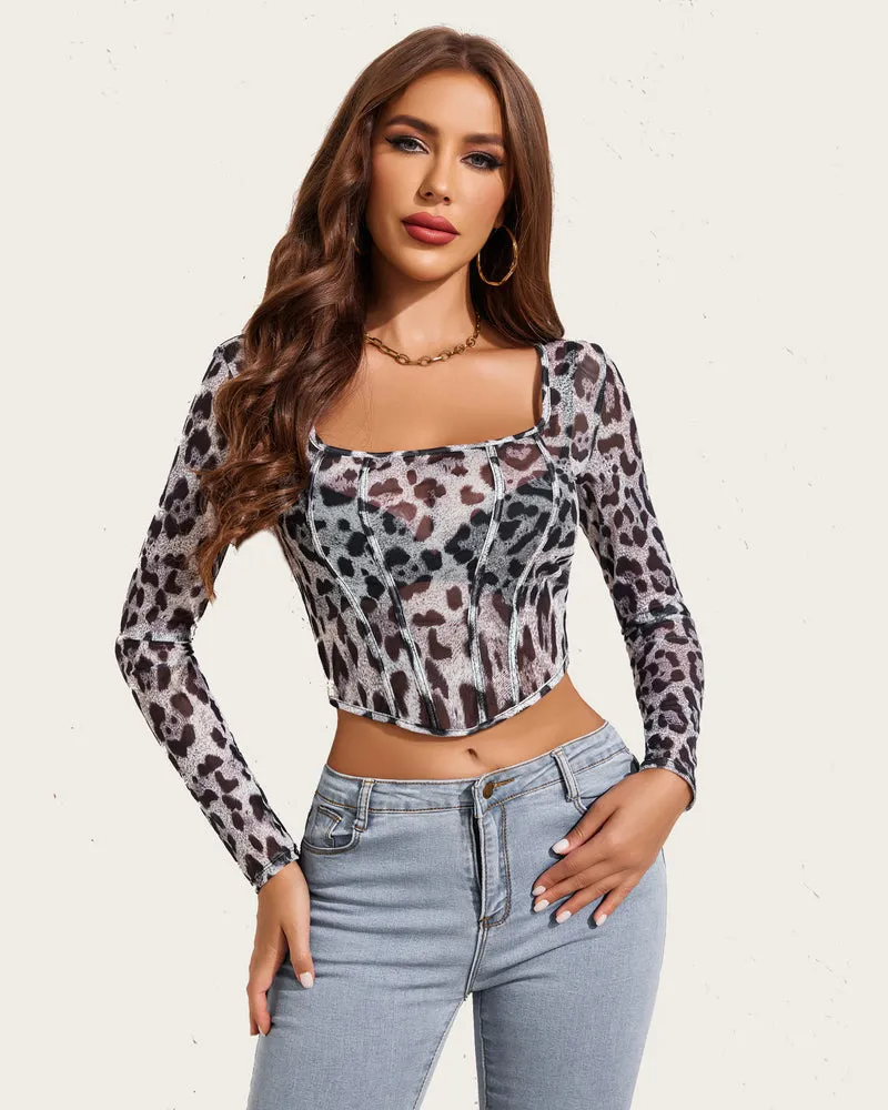 Mesh Crop Tops Square Neck Sheer Shirt