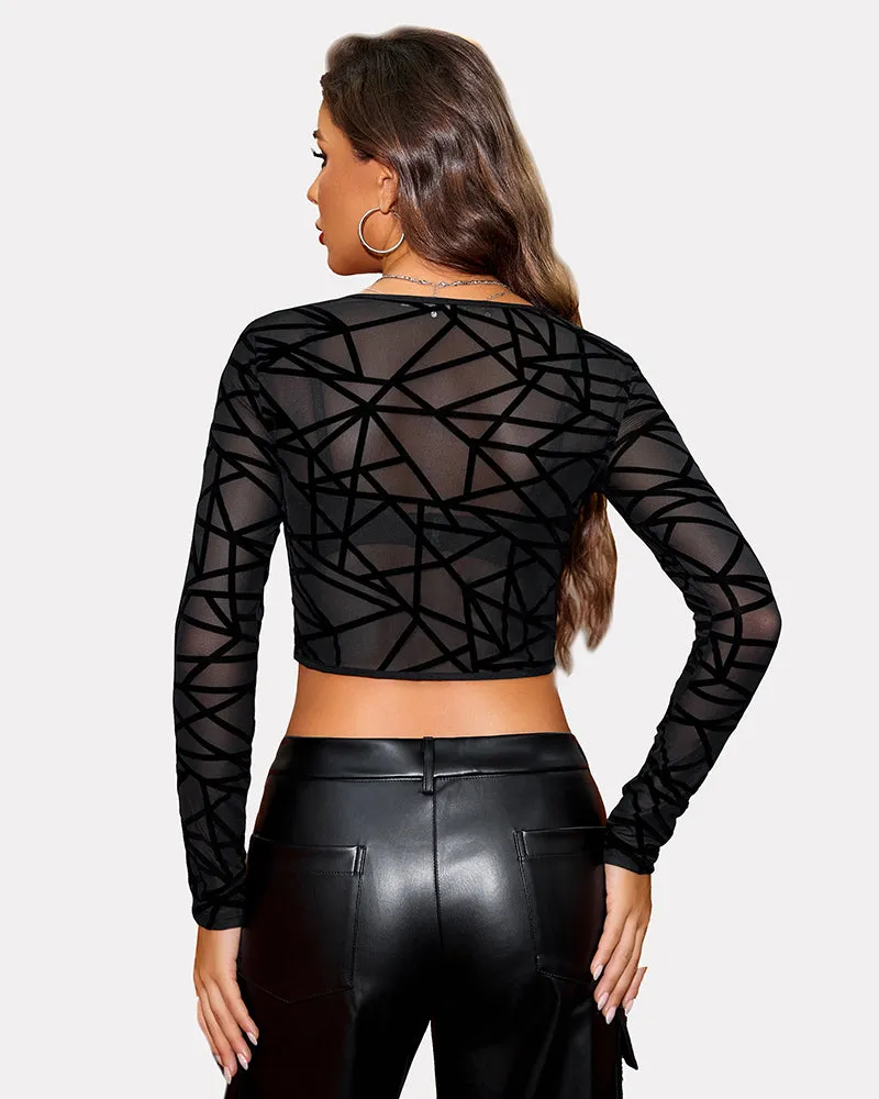 Mesh Crop Tops Square Neck Sheer Shirt