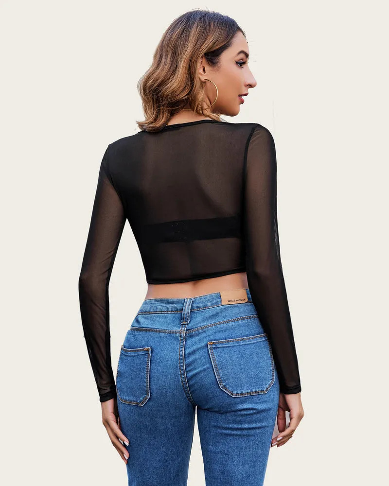 Mesh Crop Tops Square Neck Sheer Shirt