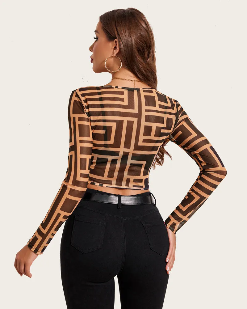 Mesh Crop Tops Square Neck Sheer Shirt