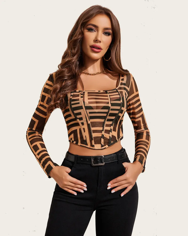 Mesh Crop Tops Square Neck Sheer Shirt