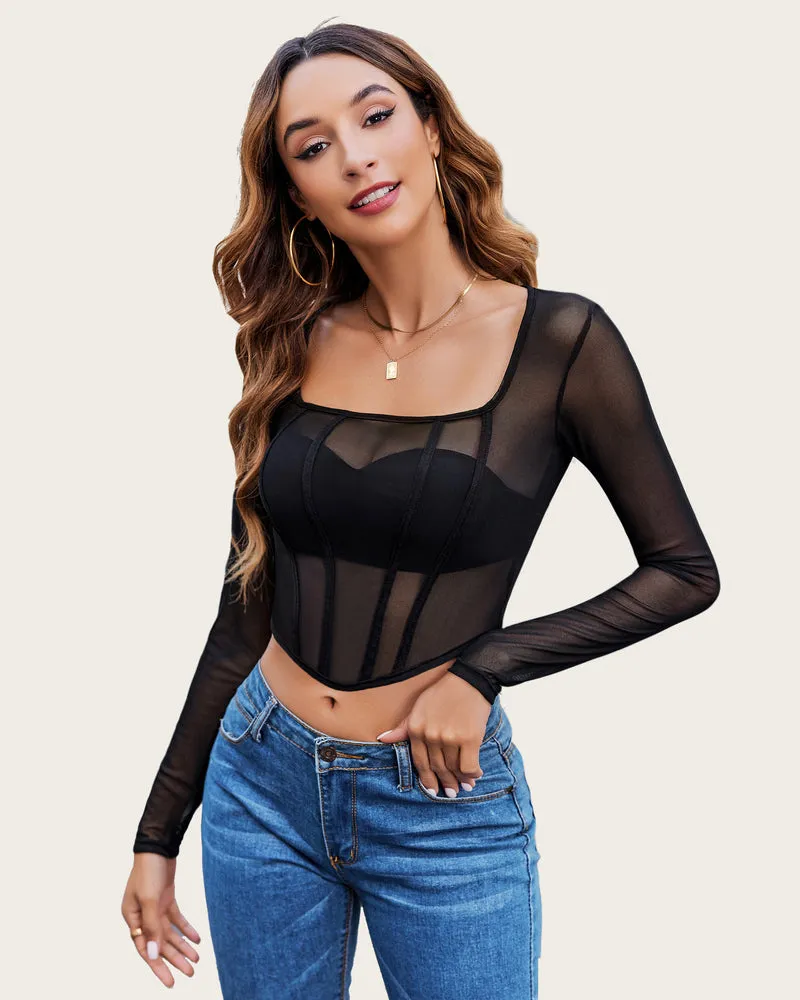 Mesh Crop Tops Square Neck Sheer Shirt