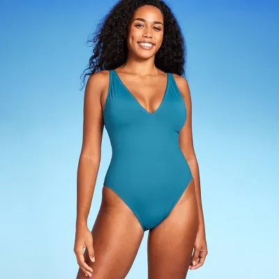 New - Shade & Shore Women's Shaping Plunge One Piece Swimsuit High Leg, Teal Blue XL