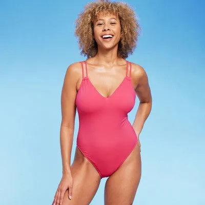 New - Women's Tunneled Plunge One Piece Swimsuit - Shade & Shore Pink XL