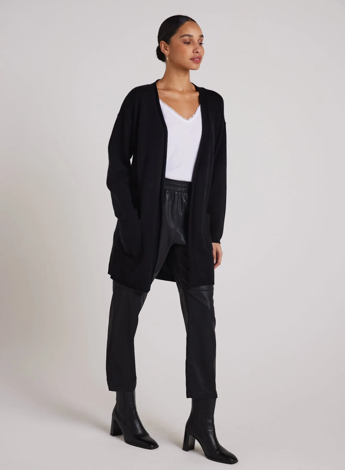 Open Front Wool Cashmere Blend Cardigan - Black