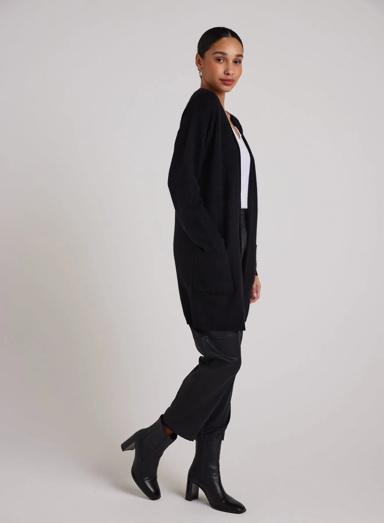 Open Front Wool Cashmere Blend Cardigan - Black