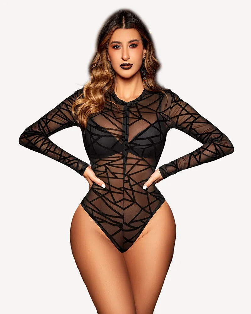 Snap Crotch Zipper Sheer Bodysuit