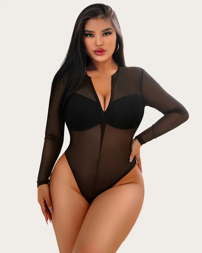 Snap Crotch Zipper Sheer Bodysuit