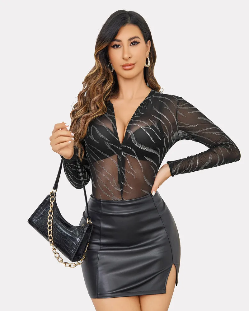 Snap Crotch Zipper Sheer Bodysuit