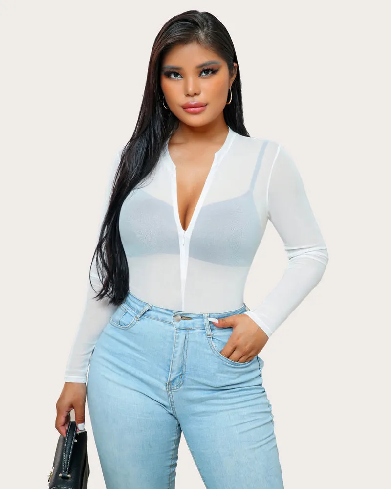 Snap Crotch Zipper Sheer Bodysuit