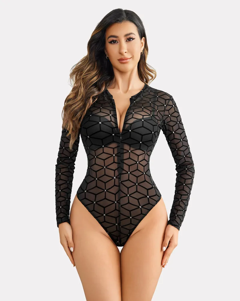 Snap Crotch Zipper Sheer Bodysuit