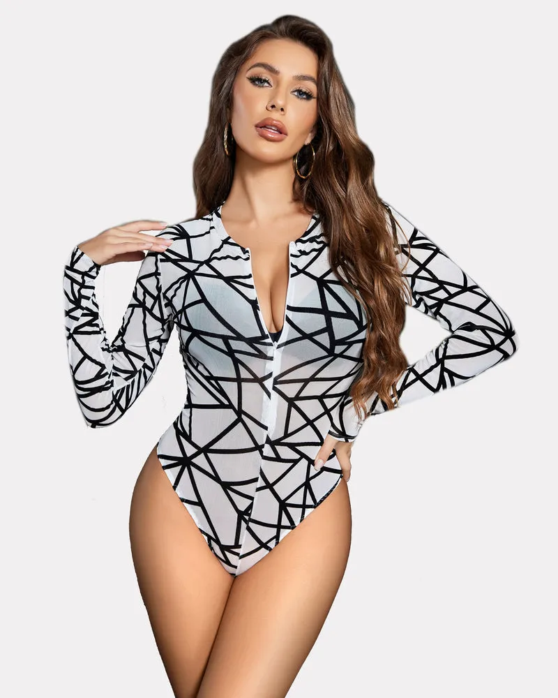 Snap Crotch Zipper Sheer Bodysuit