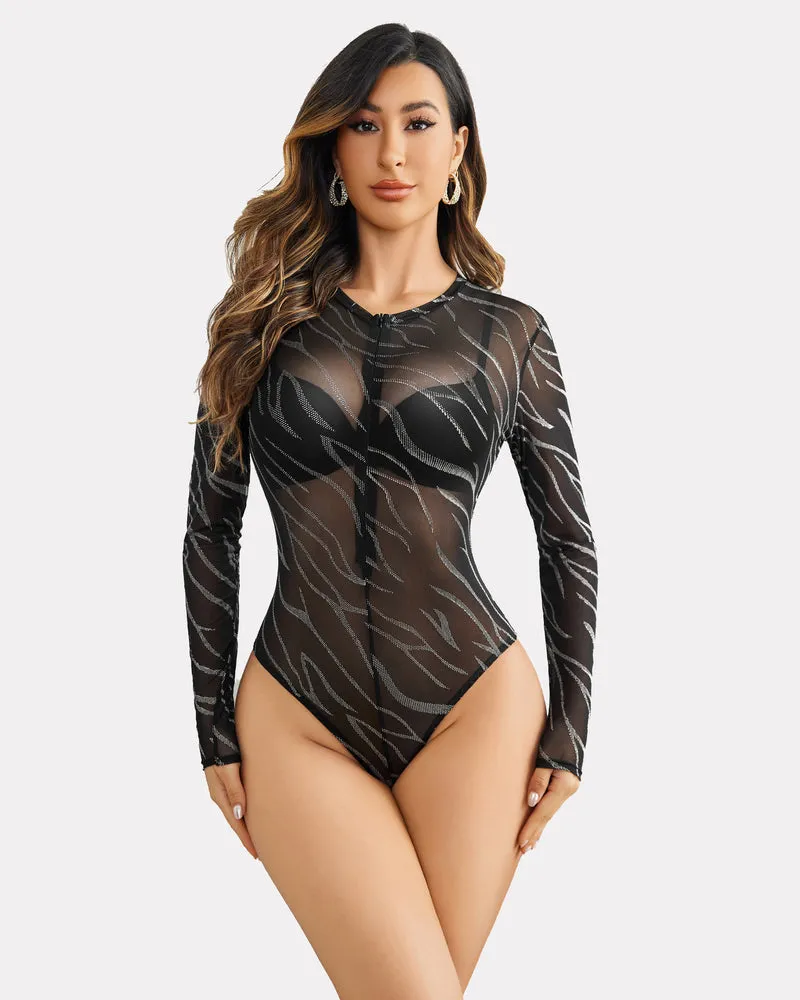 Snap Crotch Zipper Sheer Bodysuit