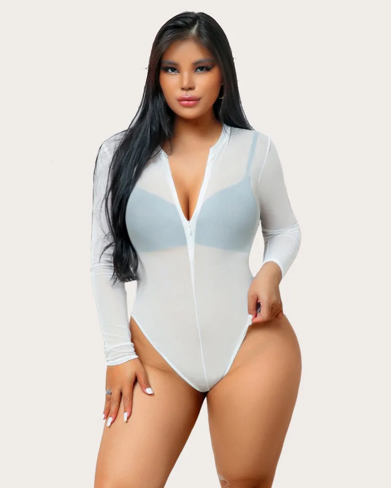 Snap Crotch Zipper Sheer Bodysuit