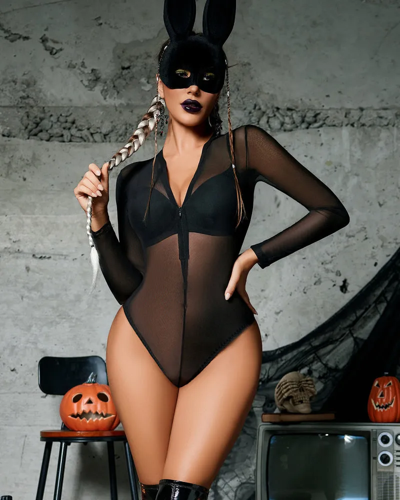 Snap Crotch Zipper Sheer Bodysuit