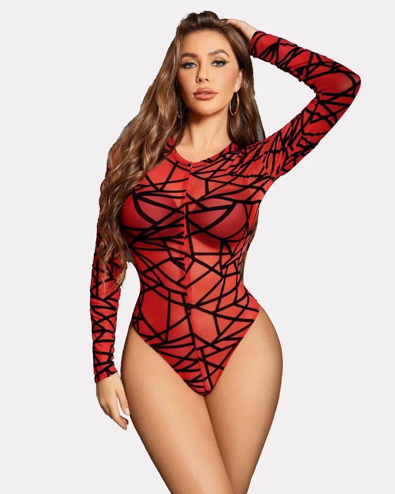 Snap Crotch Zipper Sheer Bodysuit