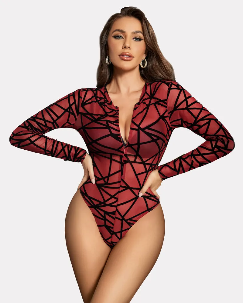 Snap Crotch Zipper Sheer Bodysuit