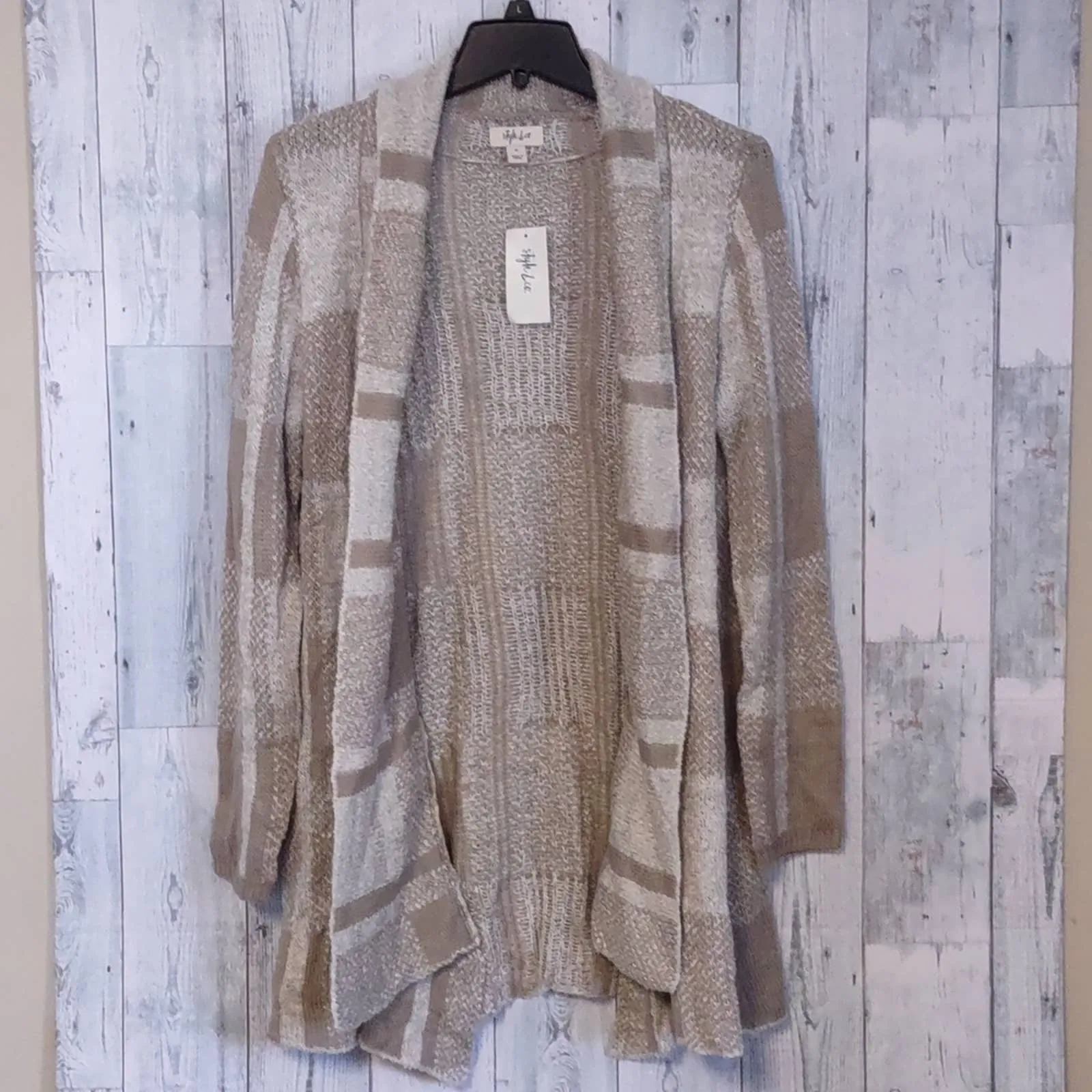 Style & Co Plaid Jacquard Cardigan Sweater Medium Tan