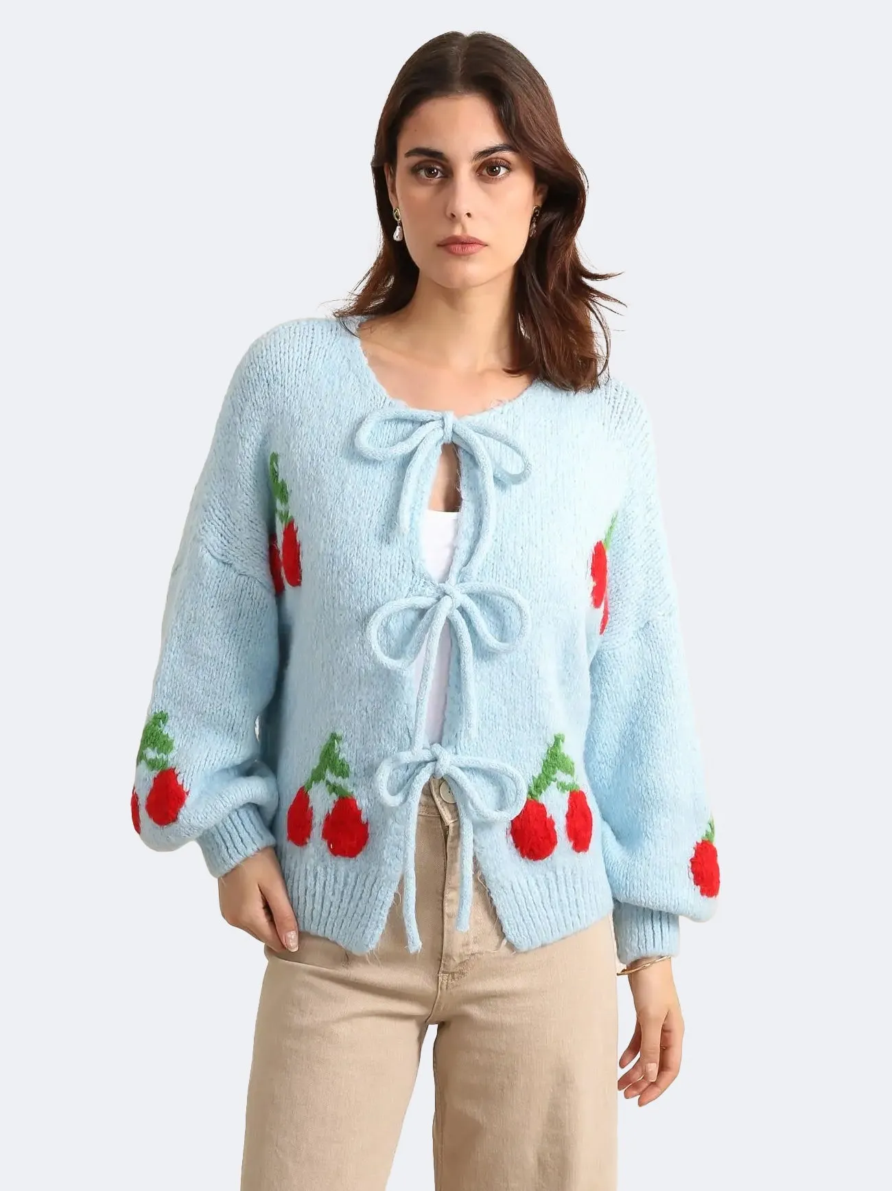 Women Cherry Tie Front Cable Knit Short Cardigan