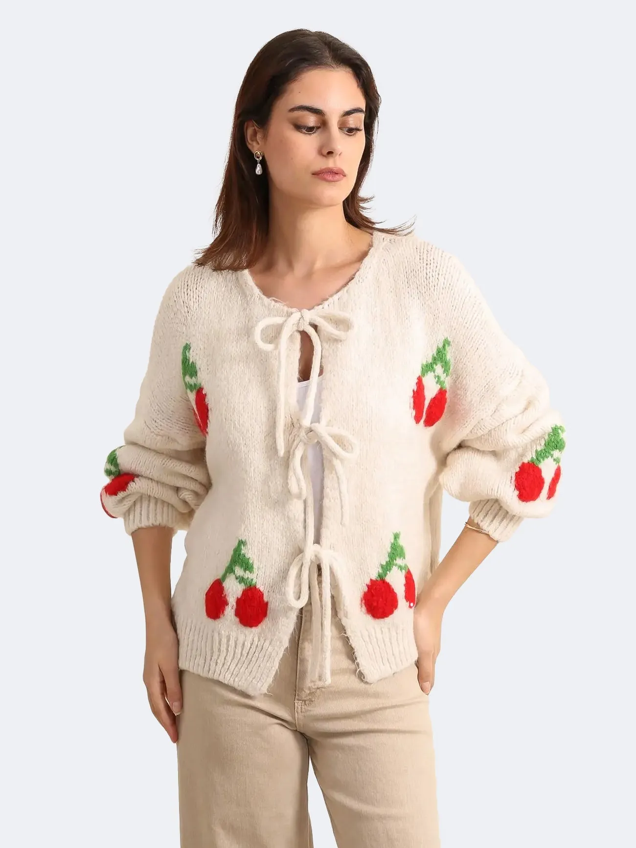 Women Cherry Tie Front Cable Knit Short Cardigan