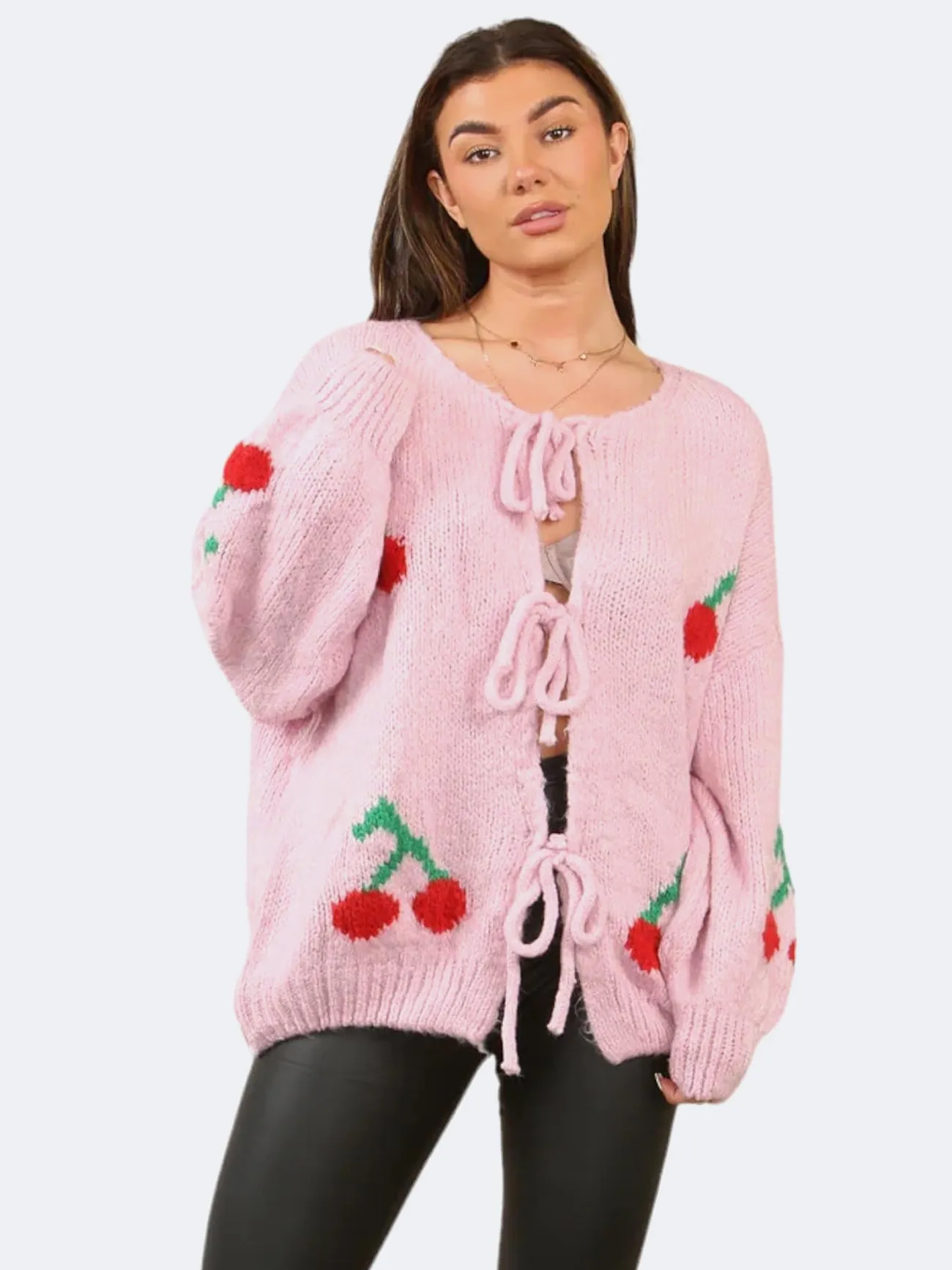 Women Cherry Tie Front Cable Knit Short Cardigan